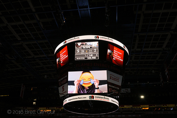 Video plays on Flames Energy Board at the WHL Calgary Hitmen hockey game in support of youth mental health